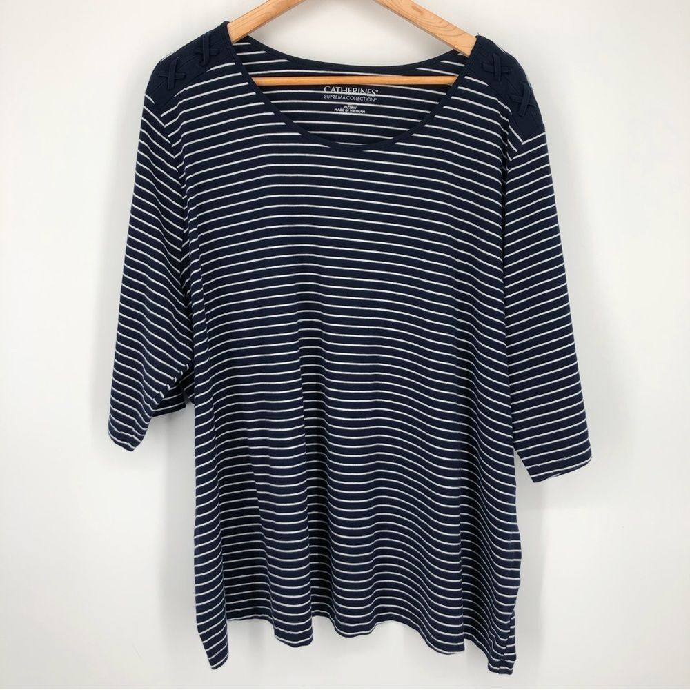 Catherines Suprema Collection Shirt Womens 3X Navy‎ Stripe Lace Detail Nautical
